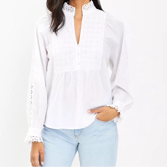 NWOT LOFT White Eyelet Ruffle Blouse Large Cotton Long Sleeve Cottagecore Chic - Picture 2 of 15